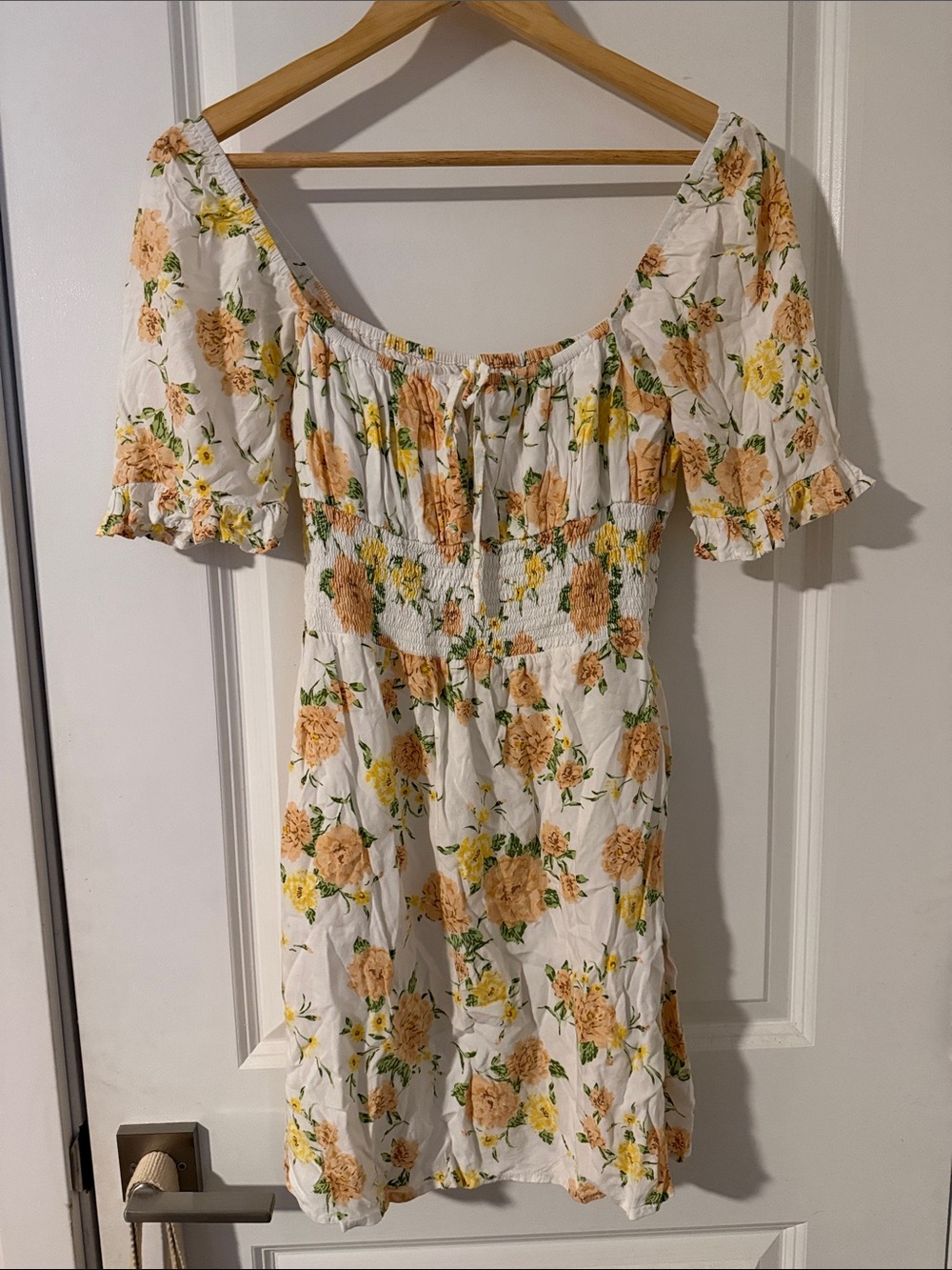 Faithfull the Brand White Floral Smocked Short Dress with Peach & Yellow Blooms